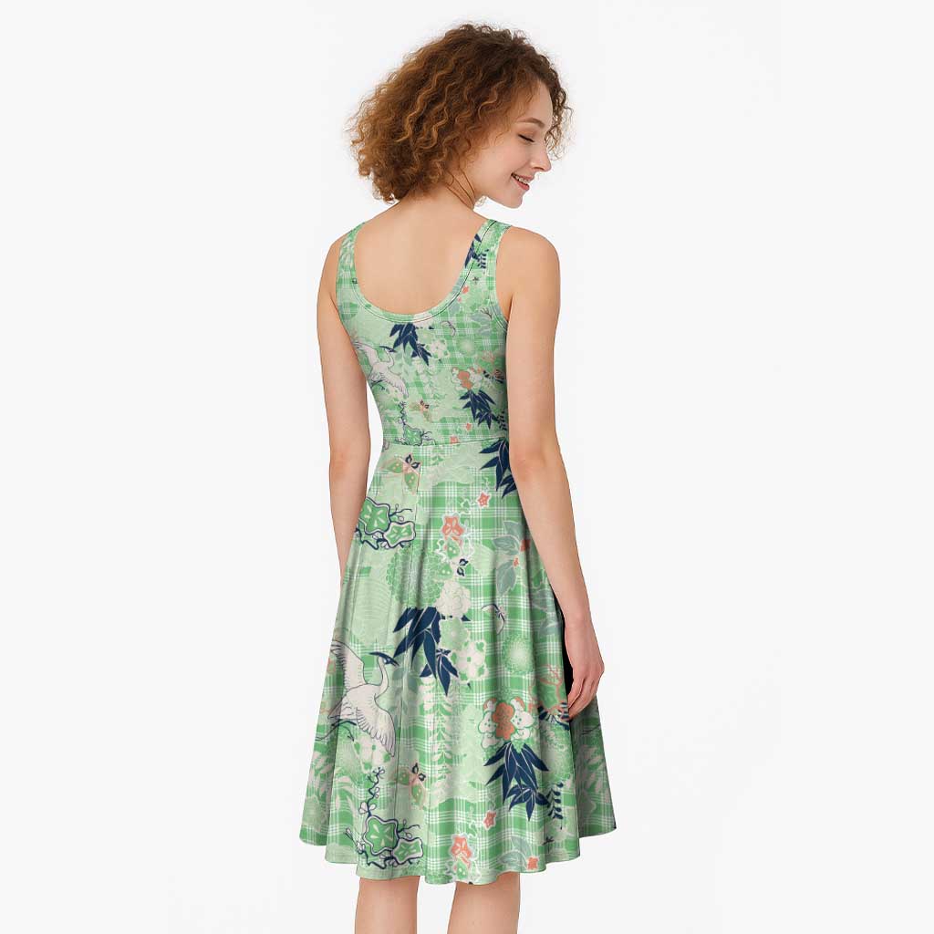 Green Palaka Crane and Flowers Midi Dress Japan Heritage Spirit - Polynesian Pride