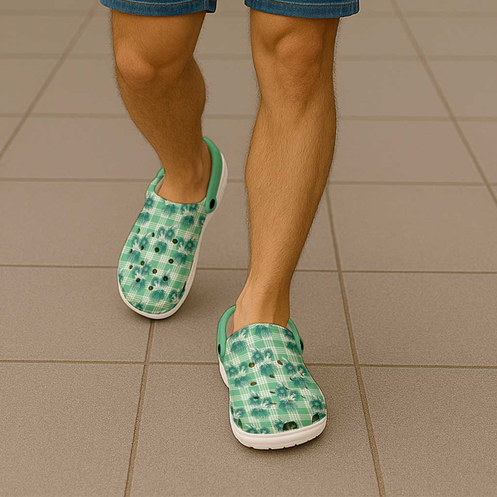 Green Palaka Hawaii Clogs Shoes Hawaiian Lehua Blossoms