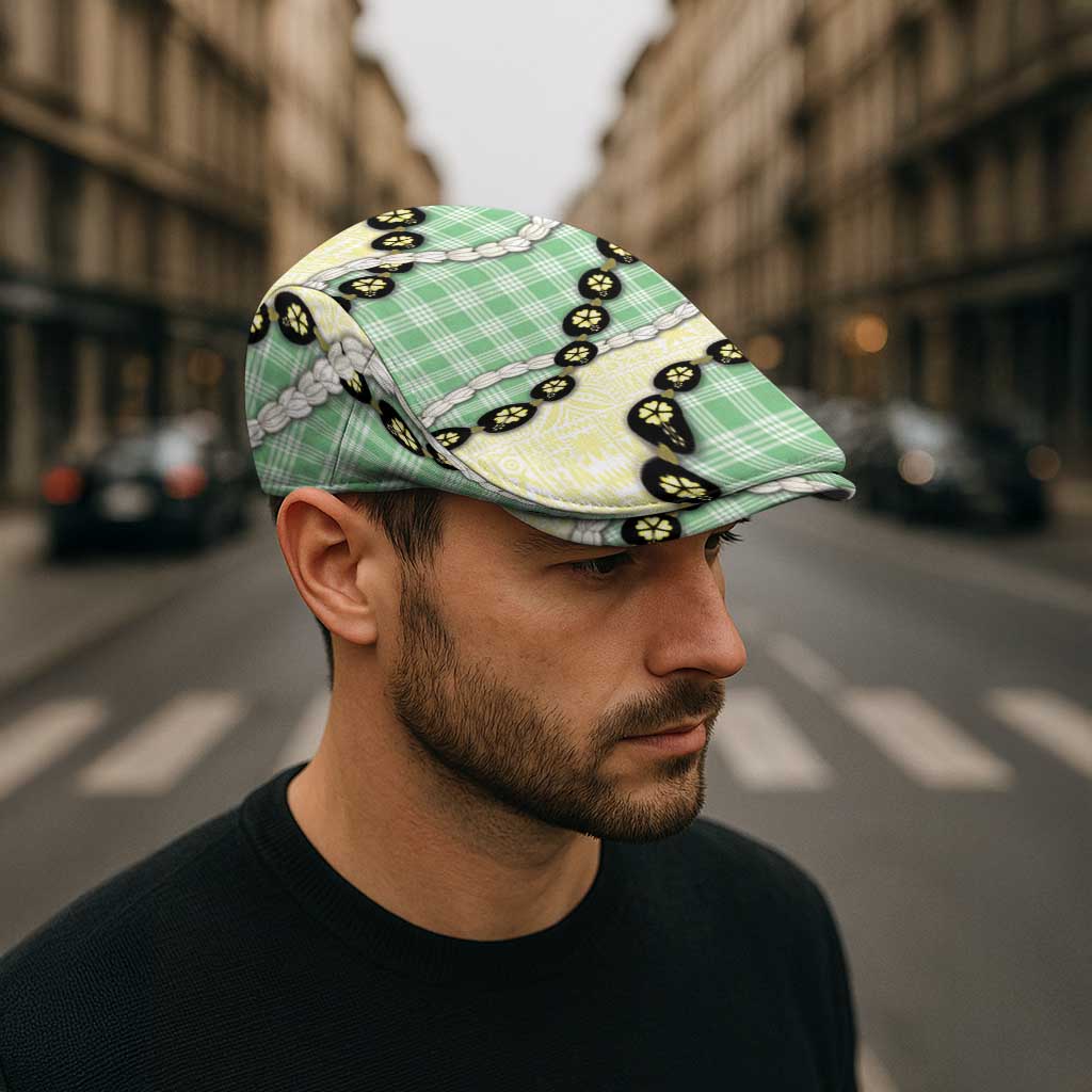 Green Palaka Hawaii Jeff Hat Kukui Nut Pikake Lei Hawaiian Tapa Pattern - Polynesian Pride