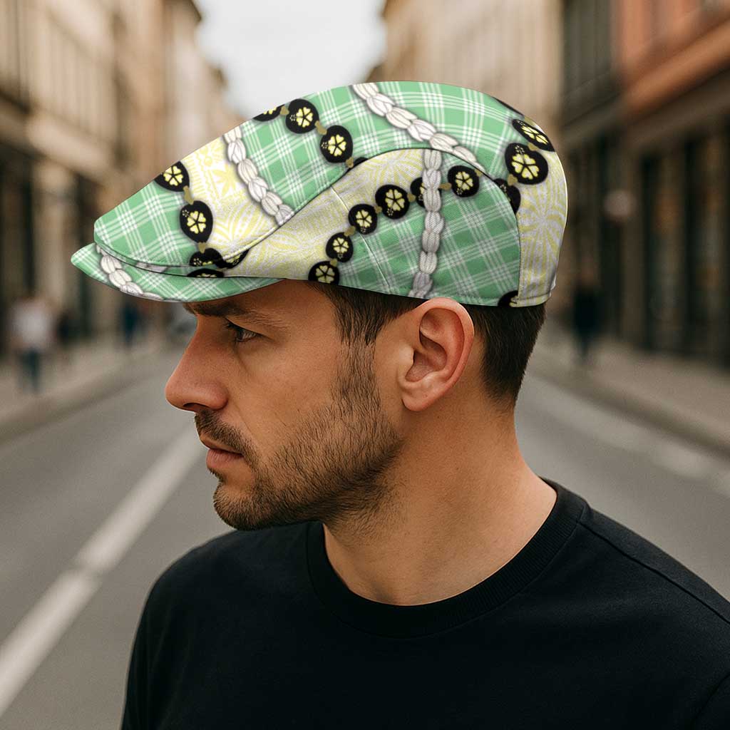 Green Palaka Hawaii Jeff Hat Kukui Nut Pikake Lei Hawaiian Tapa Pattern - Polynesian Pride