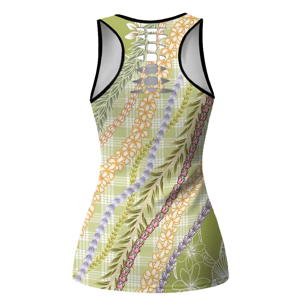 Green Palaka Hawaii Leis Hollow Tank Top - Hawaiian Plaid Elegant Tropical Vibes LT14 - Polynesian Pride