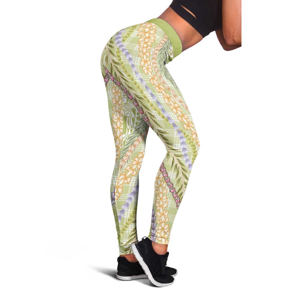 Green Palaka Hawaii Leis Leggings Hawaiian-plaid Elegant Tropical Vibes - Polynesian Pride