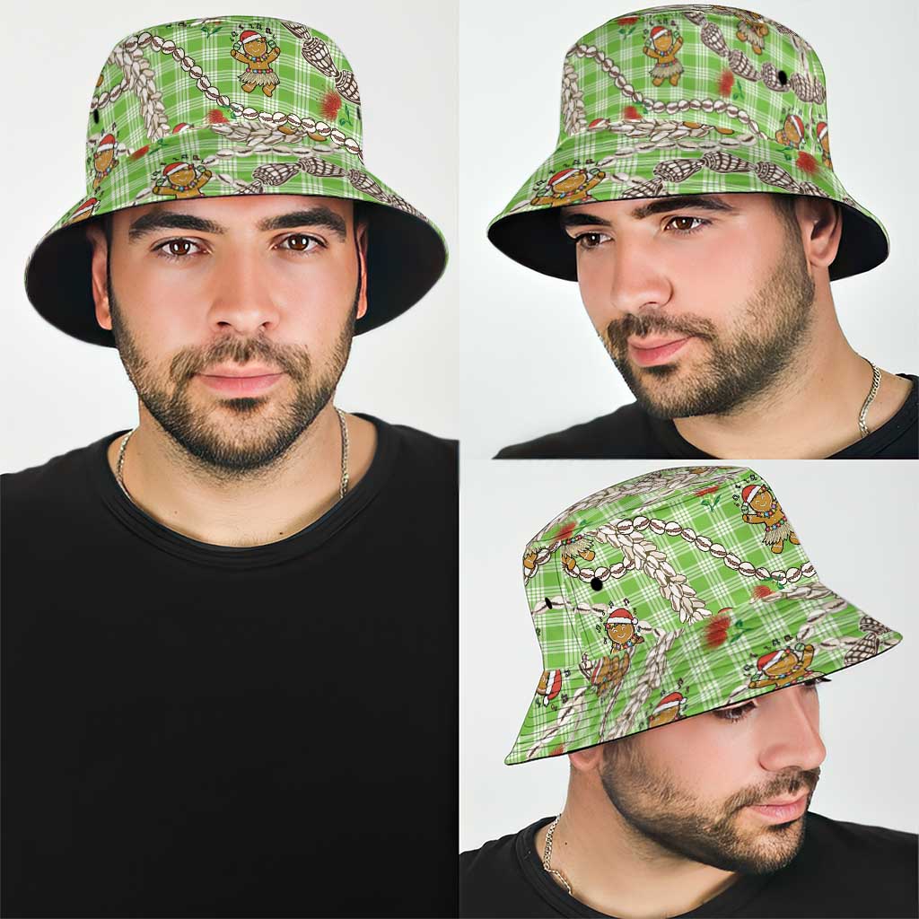 Green Palaka Hawaii Mele Kalikimaka Bucket Hat Ohia Lehua Shell Leis Funny Gingerbread Santa - Polynesian Pride