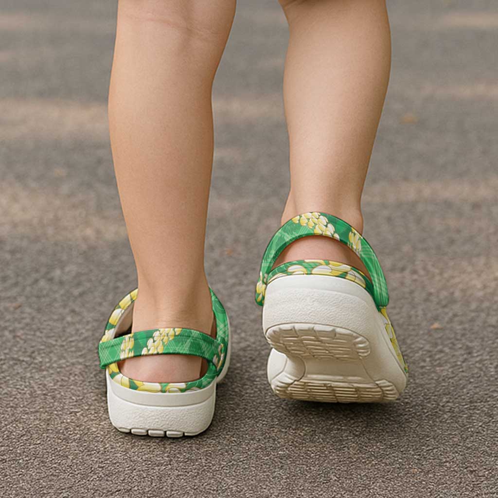 Green Palaka Hawaii Mele Kalikimaka Clogs Shoes Ohia Lehua Monstera Puakenikeni Lei - Polynesian Pride