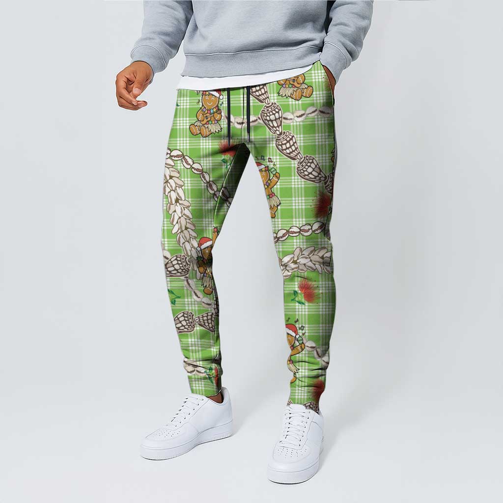 Green Palaka Hawaii Mele Kalikimaka Jogger Pants Ohia Lehua Shell Leis Funny Gingerbread Santa - Polynesian Pride