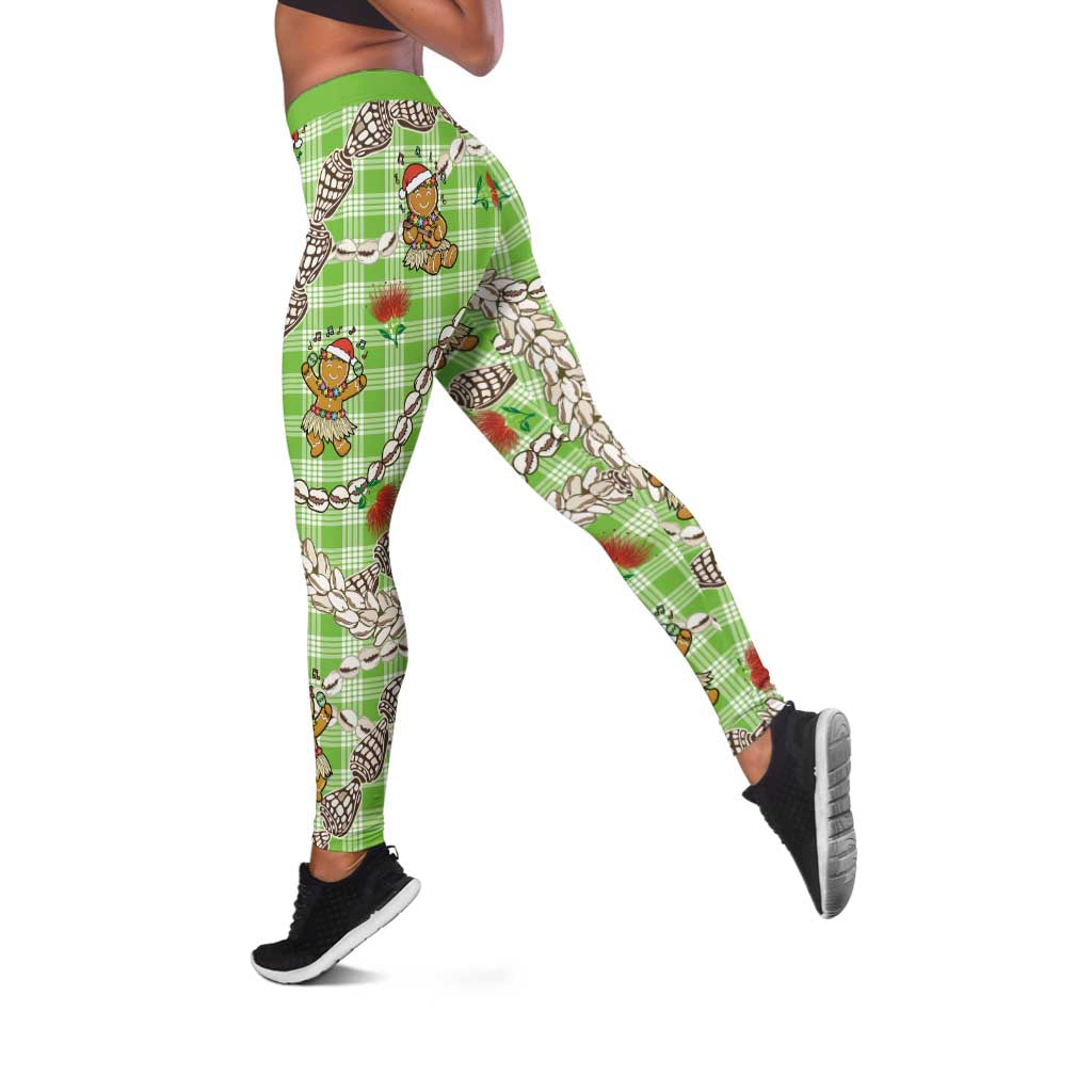 Green Palaka Hawaii Mele Kalikimaka Leggings Ohia Lehua Shell Leis Funny Gingerbread Santa - Polynesian Pride