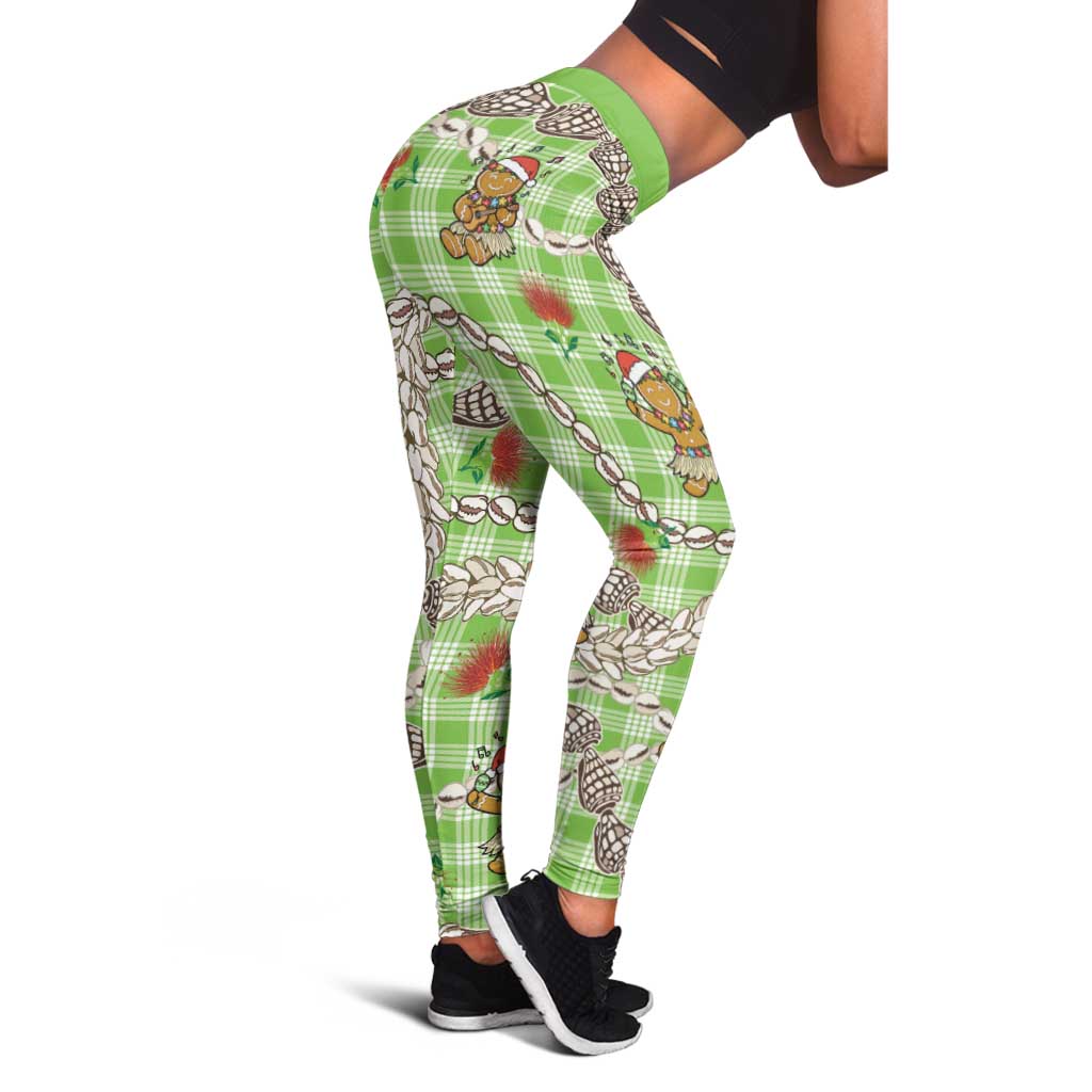 Green Palaka Hawaii Mele Kalikimaka Leggings Ohia Lehua Shell Leis Funny Gingerbread Santa - Polynesian Pride