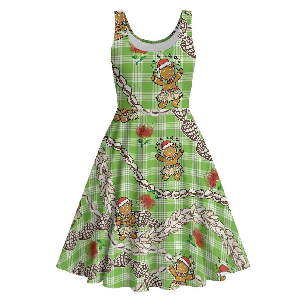 Green Palaka Hawaii Mele Kalikimaka Midi Dress Ohia Lehua Shell Leis Funny Gingerbread Santa - Polynesian Pride