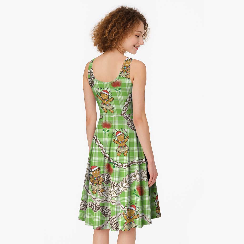 Green Palaka Hawaii Mele Kalikimaka Midi Dress Ohia Lehua Shell Leis Funny Gingerbread Santa - Polynesian Pride