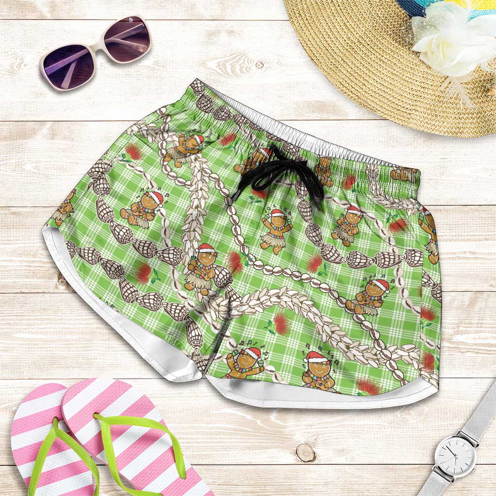 Green Palaka Hawaii Mele Kalikimaka Shorts for Women Ohia Lehua Shell Leis Funny Gingerbread Santa - Polynesian Pride