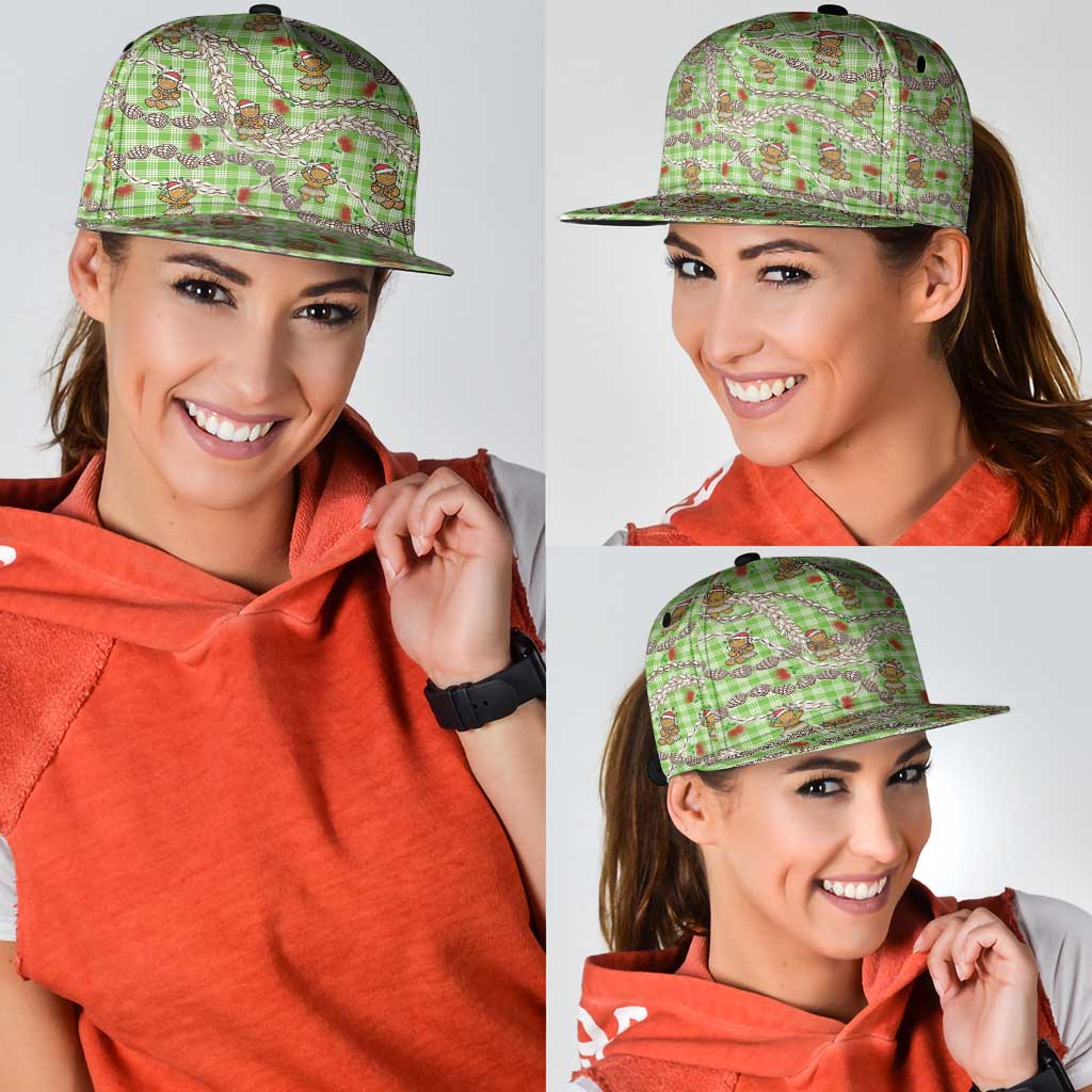 Green Palaka Hawaii Mele Kalikimaka Snapback Cap Ohia Lehua Shell Leis Funny Gingerbread Santa - Polynesian Pride