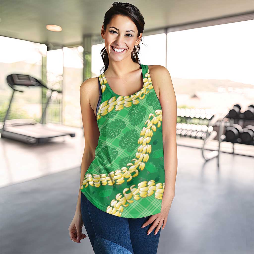 Green Palaka Hawaii Mele Kalikimaka Women Racerback Tank Ohia Lehua Monstera Puakenikeni Lei LT14 - Polynesian Pride
