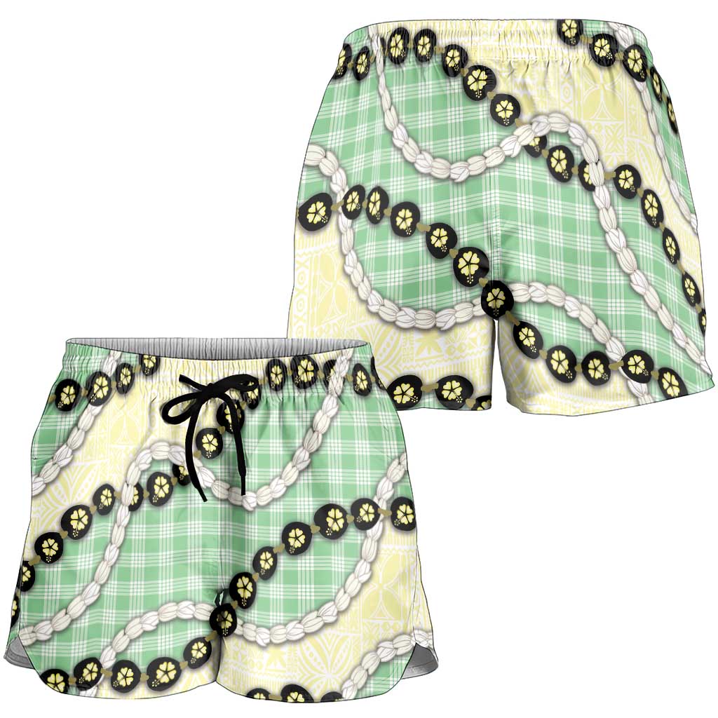 Green Palaka Hawaii Shorts for Women Kukui Nut Pikake Lei Hawaiian Tapa Pattern LT14 - Polynesian Pride