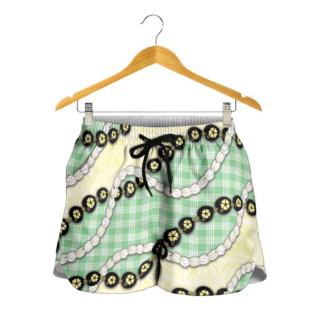 Green Palaka Hawaii Shorts for Women Kukui Nut Pikake Lei Hawaiian Tapa Pattern LT14 - Polynesian Pride
