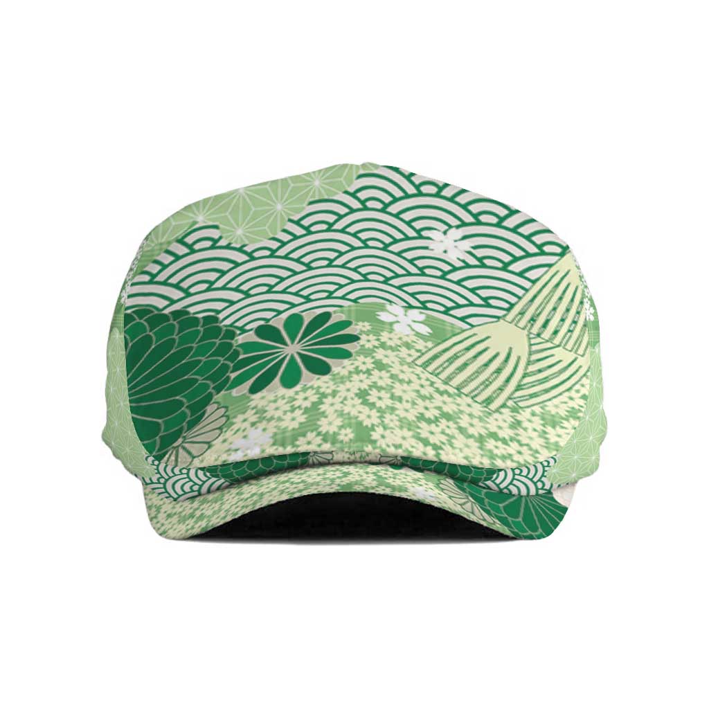 Green Palaka Japanese Traditional Jeff Hat Asanoha Seigaiha Sakura Motif LT14 Green - Polynesian Pride