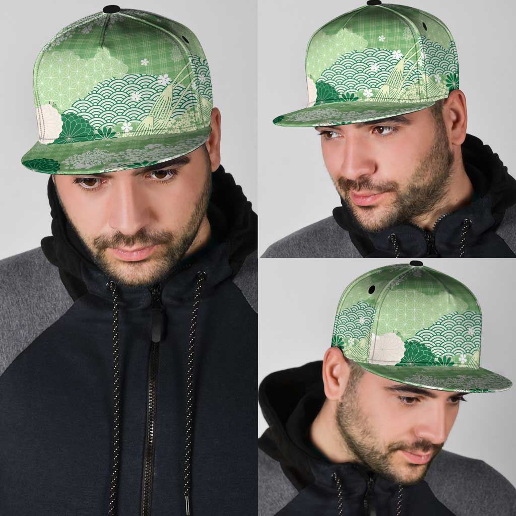 Green Palaka Japanese Traditional Snapback Cap Asanoha Seigaiha Sakura Motif - Polynesian Pride