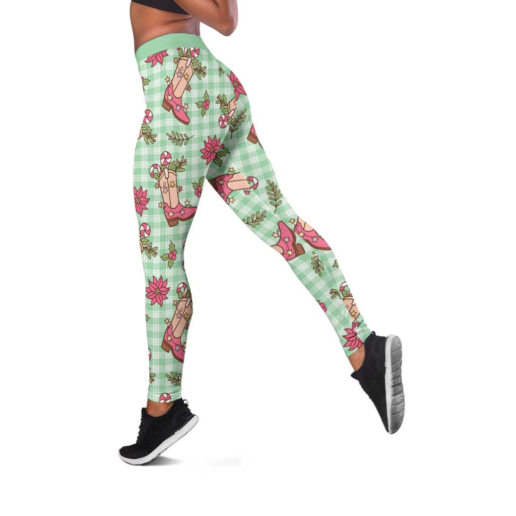 Green Paniolo Palaka Hawaiian Cowgirl Christmas Leggings - Polynesian Pride