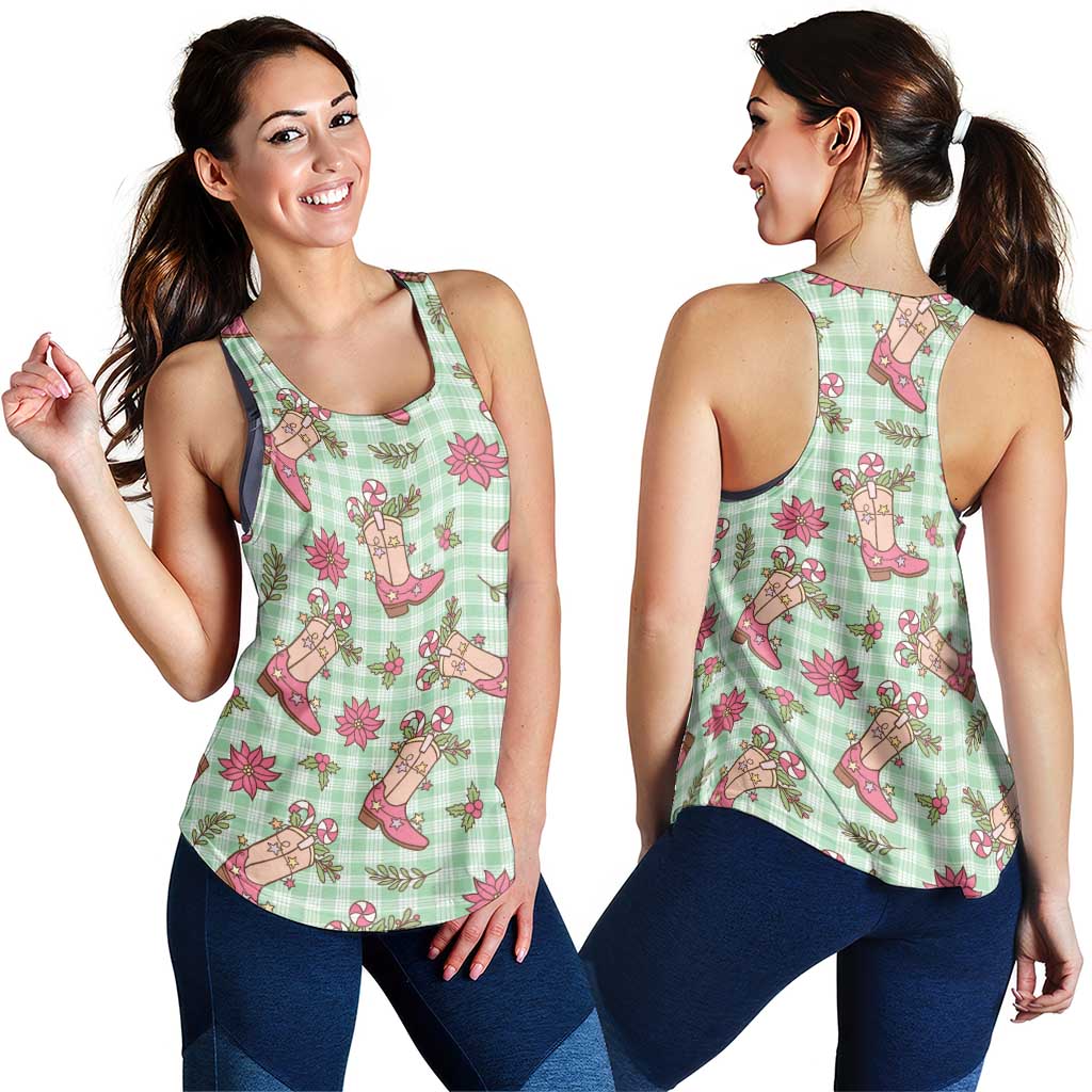Green Paniolo Palaka Hawaiian Cowgirl Christmas Women Racerback Tank - Polynesian Pride