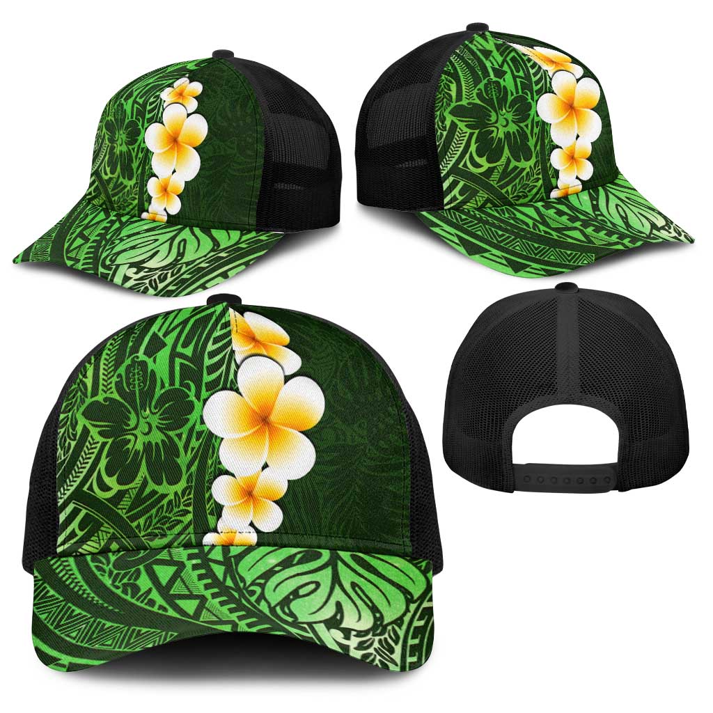 Green Polynesia Baseball Net Cap Plumeria Tropical Leaves With Galaxy Polynesian Art - Polynesian Pride