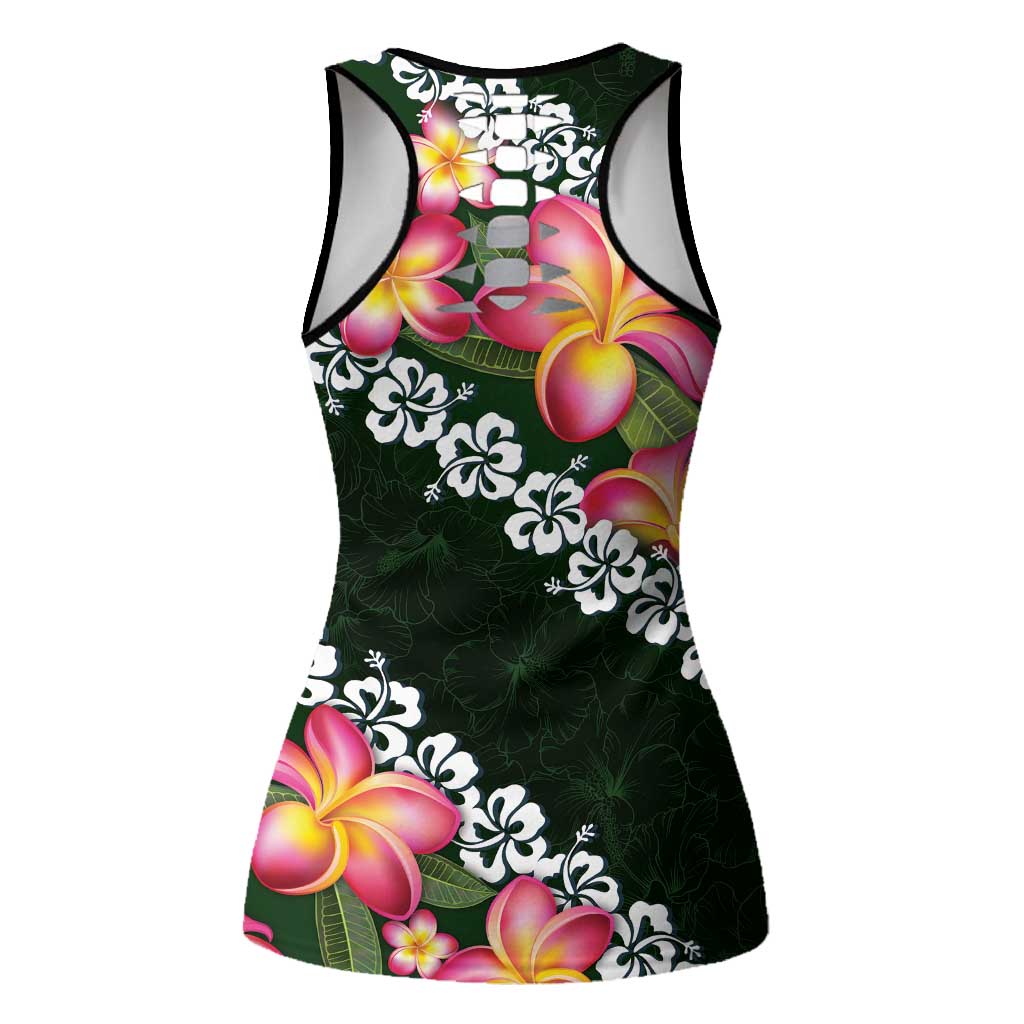 Green Polynesia Hollow Tank Top Plumeria With Hibiscus Pattern Tropical Vibes - Polynesian Pride