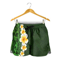 Green Polynesia Shorts for Women Plumeria Tropical Leaves With Galaxy Polynesian Art - Polynesian Pride