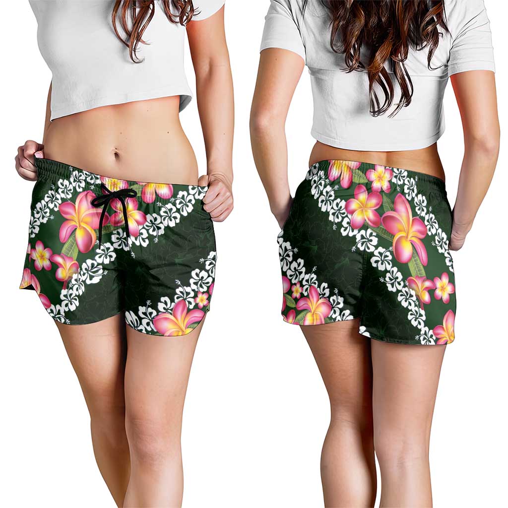 Green Polynesia Shorts for Women Plumeria With Hibiscus Pattern Tropical Vibes LT14 - Polynesian Pride