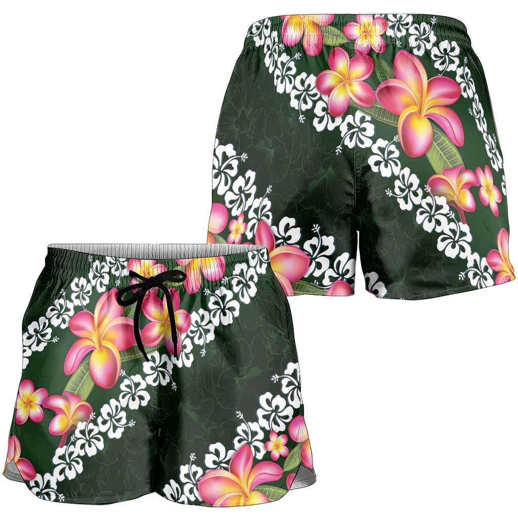 Green Polynesia Shorts for Women Plumeria With Hibiscus Pattern Tropical Vibes LT14 - Polynesian Pride