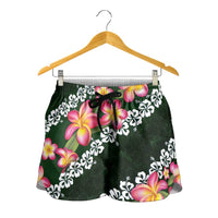 Green Polynesia Shorts for Women Plumeria With Hibiscus Pattern Tropical Vibes LT14 - Polynesian Pride