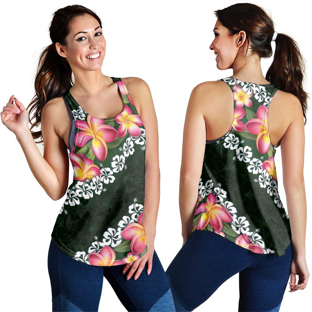 Green Polynesia Women Racerback Tank Plumeria With Hibiscus Pattern Tropical Vibes LT14 - Polynesian Pride