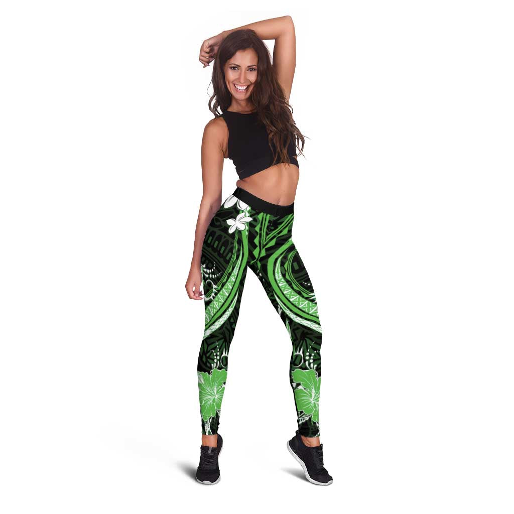 Green Polynesian Pattern With Tropical Flowers Leggings - Polynesian Pride