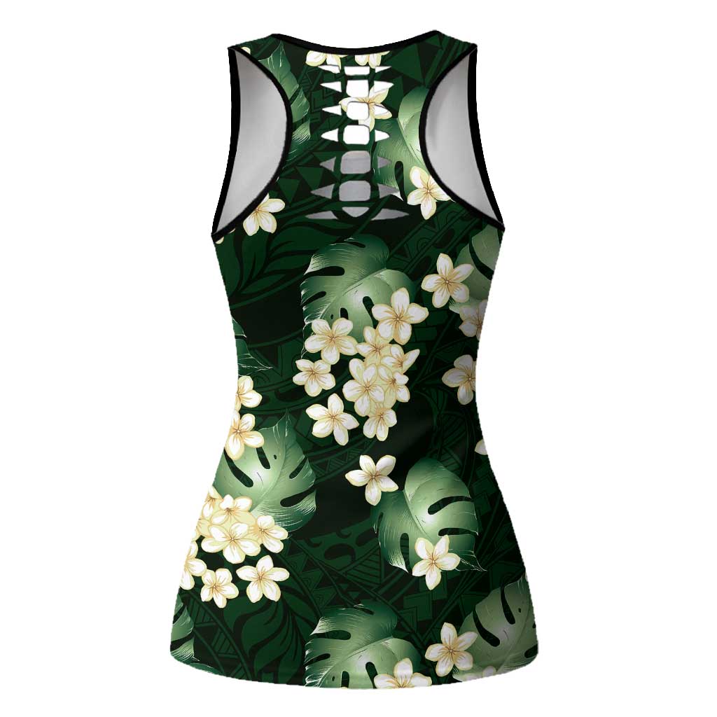 Green Tropical Hawaii Hollow Tank Top Seamless Monstera Plumeria Hawaiian Pattern - Polynesian Pride