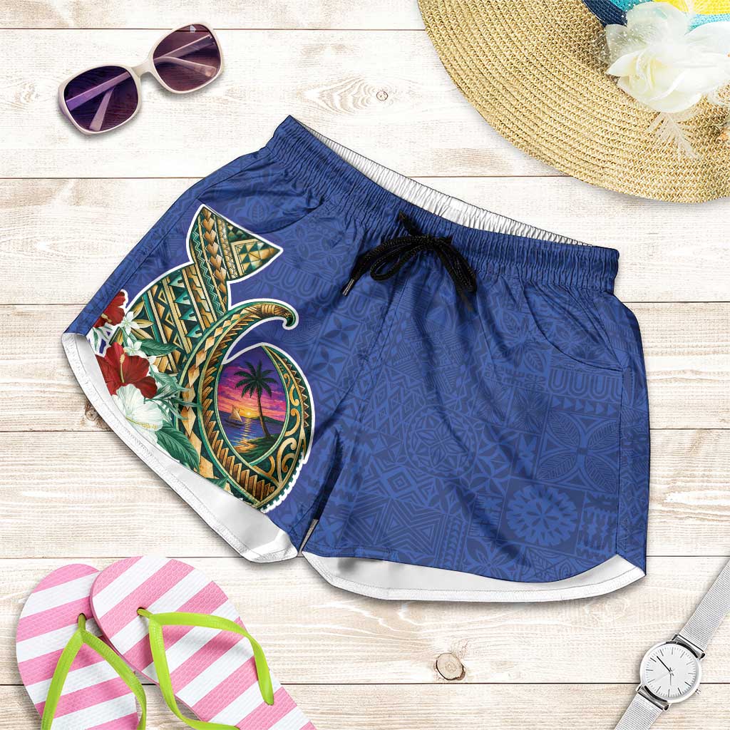 Guam Chamorro Shorts for Women Tribal Latte Stone and Seal Artwork Polynesian Patterns