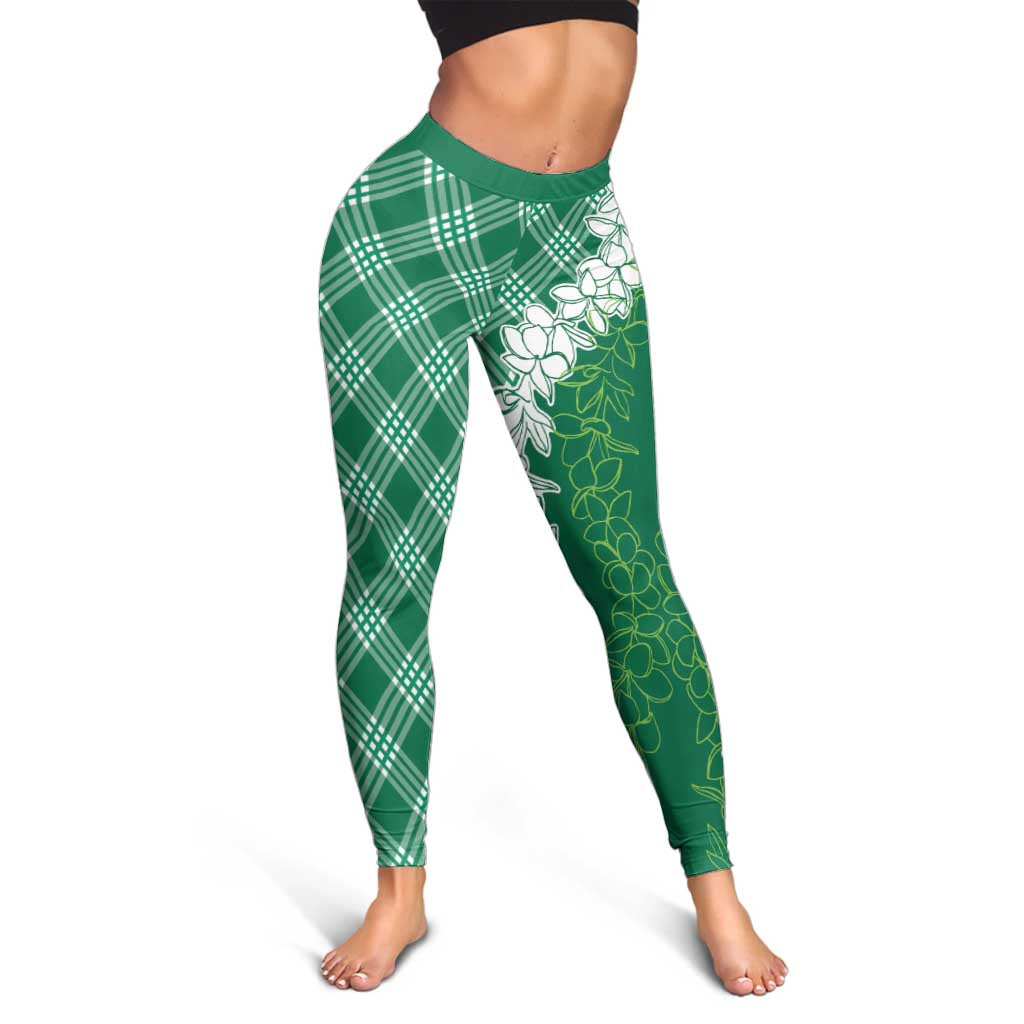Hawaii Aloha Plumeria Lei Green Palaka Leggings - Polynesian Pride