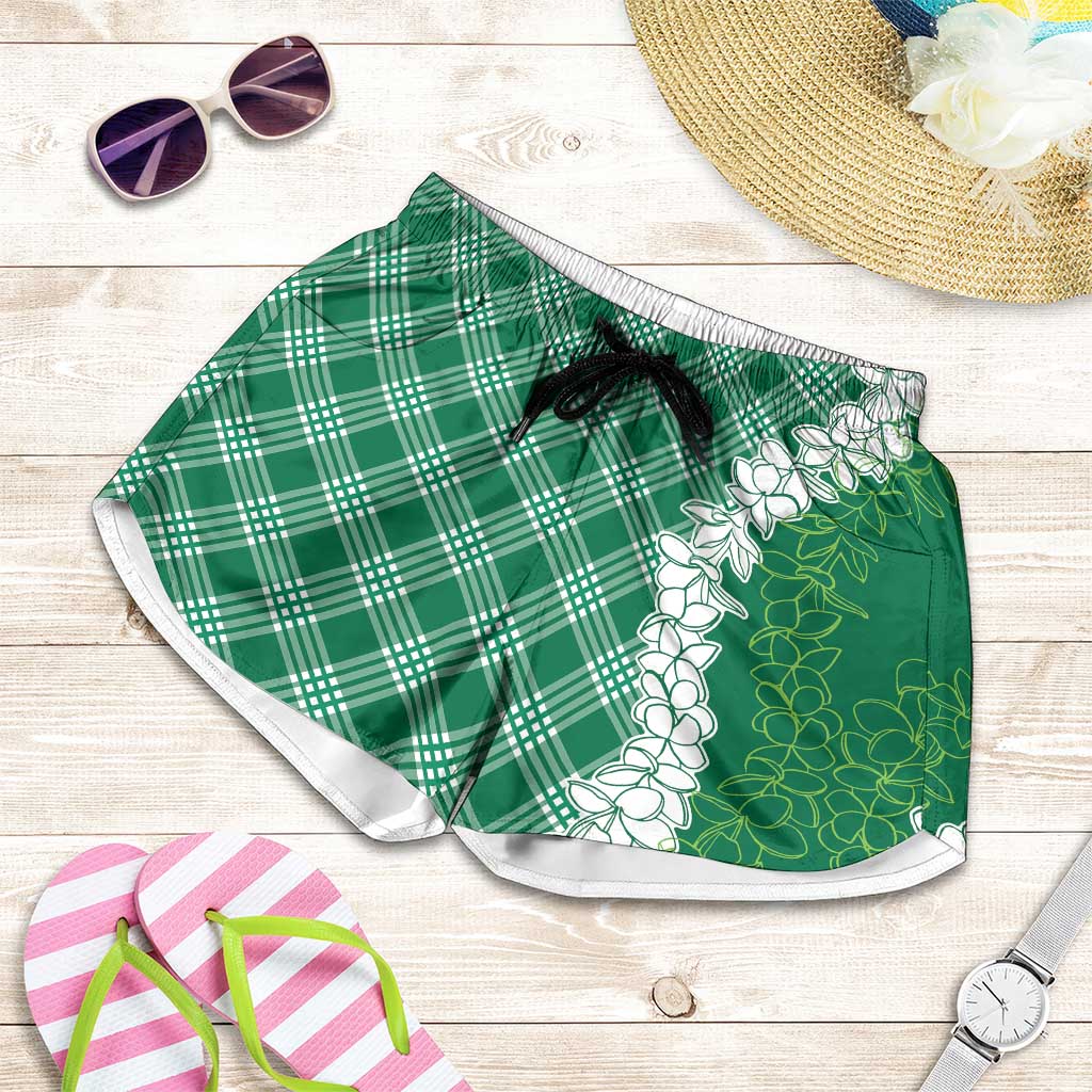 Hawaii Aloha Plumeria Lei Green Palaka Shorts for Women - Polynesian Pride