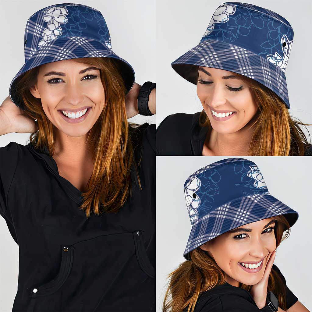 Hawaii Aloha Plumeria Lei Navy Palaka Bucket Hat - Polynesian Pride