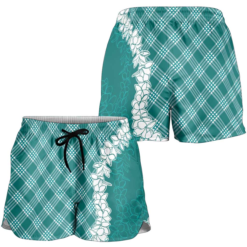 Hawaii Aloha Plumeria Lei Teal Palaka Shorts for Women - Polynesian Pride