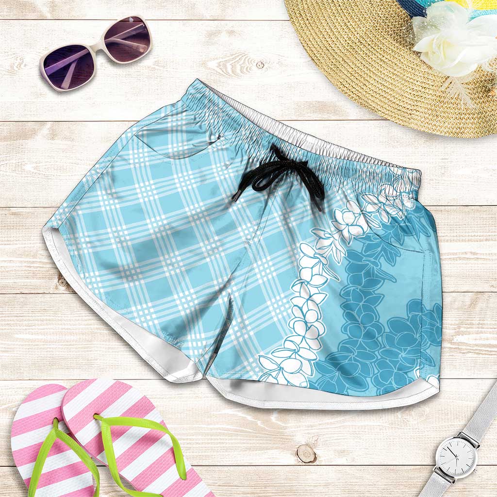 Hawaii Aloha Plumeria Lei Turquoise Palaka Shorts for Women - Polynesian Pride