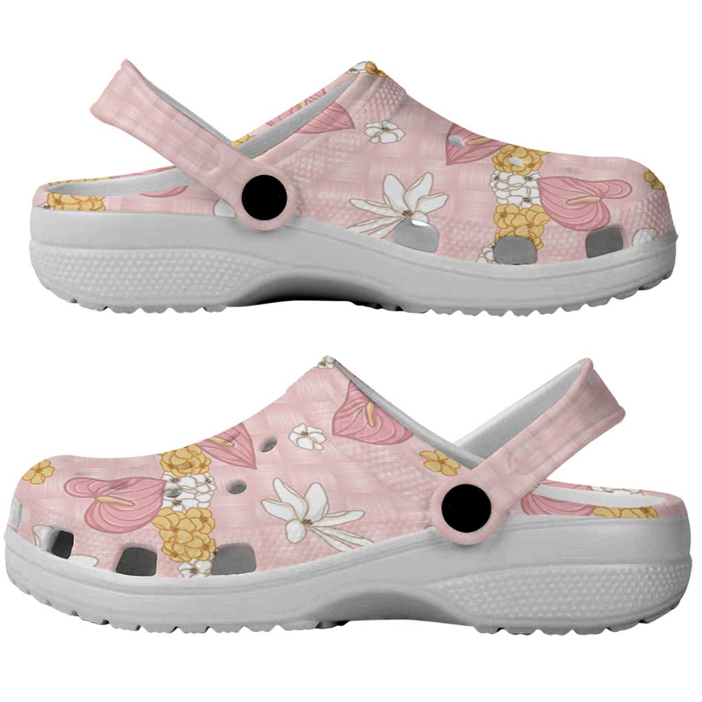 Hawaii Anthurium Tiare Pikake Lei Clogs Shoes Akala Lauhala Art Pattern