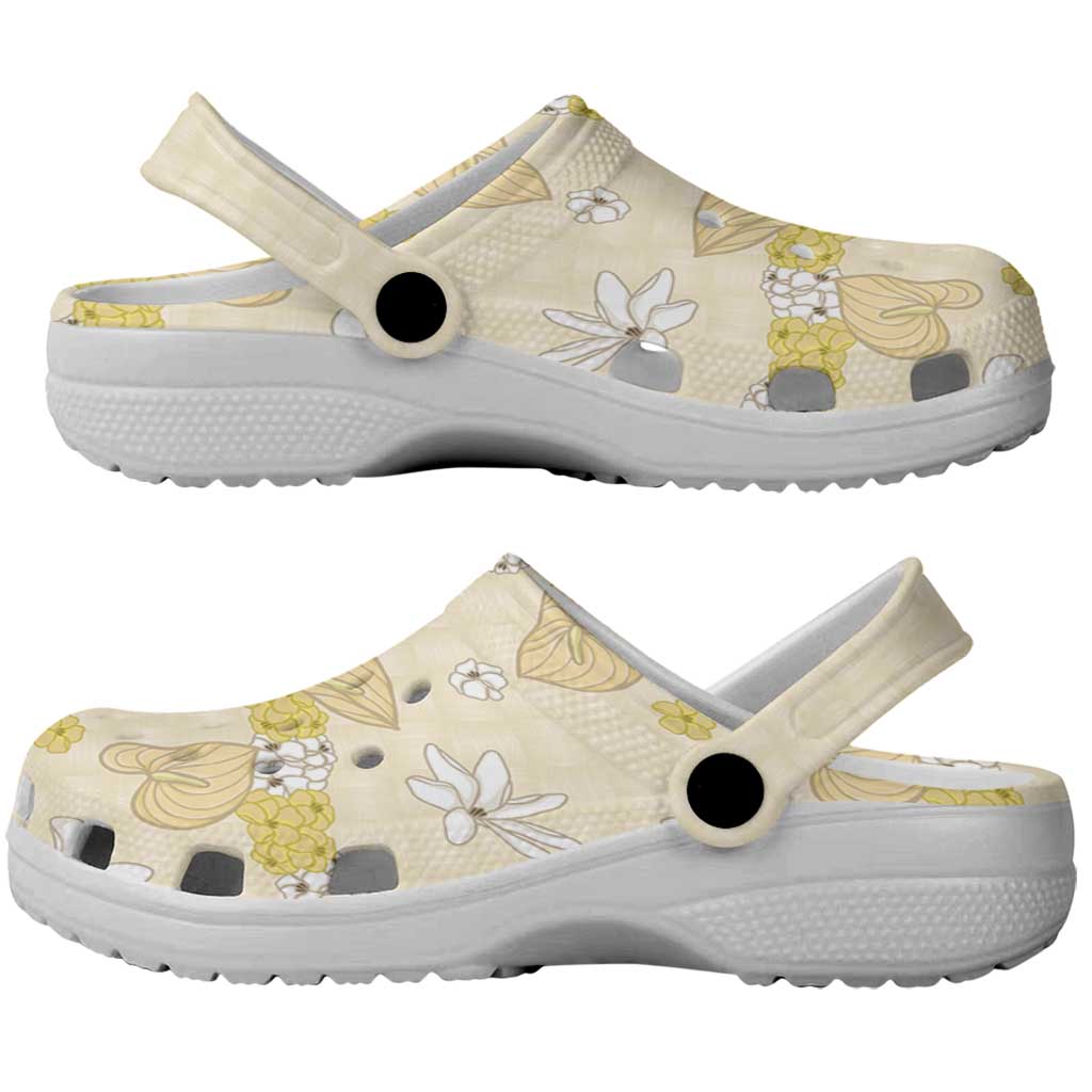 Hawaii Anthurium Tiare Pikake Lei Clogs Shoes Melemele Lauhala Art Pattern