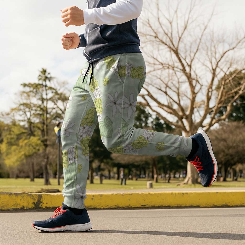 Hawaii Anthurium Tiare Pikake Lei Jogger Pants Sage Green Lauhala Art Pattern