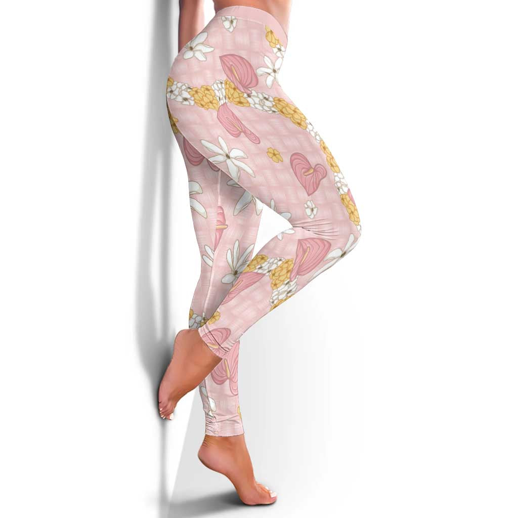 Hawaii Anthurium Tiare Pikake Lei Leggings Akala Lauhala Art Pattern LT01 - Polynesian Pride