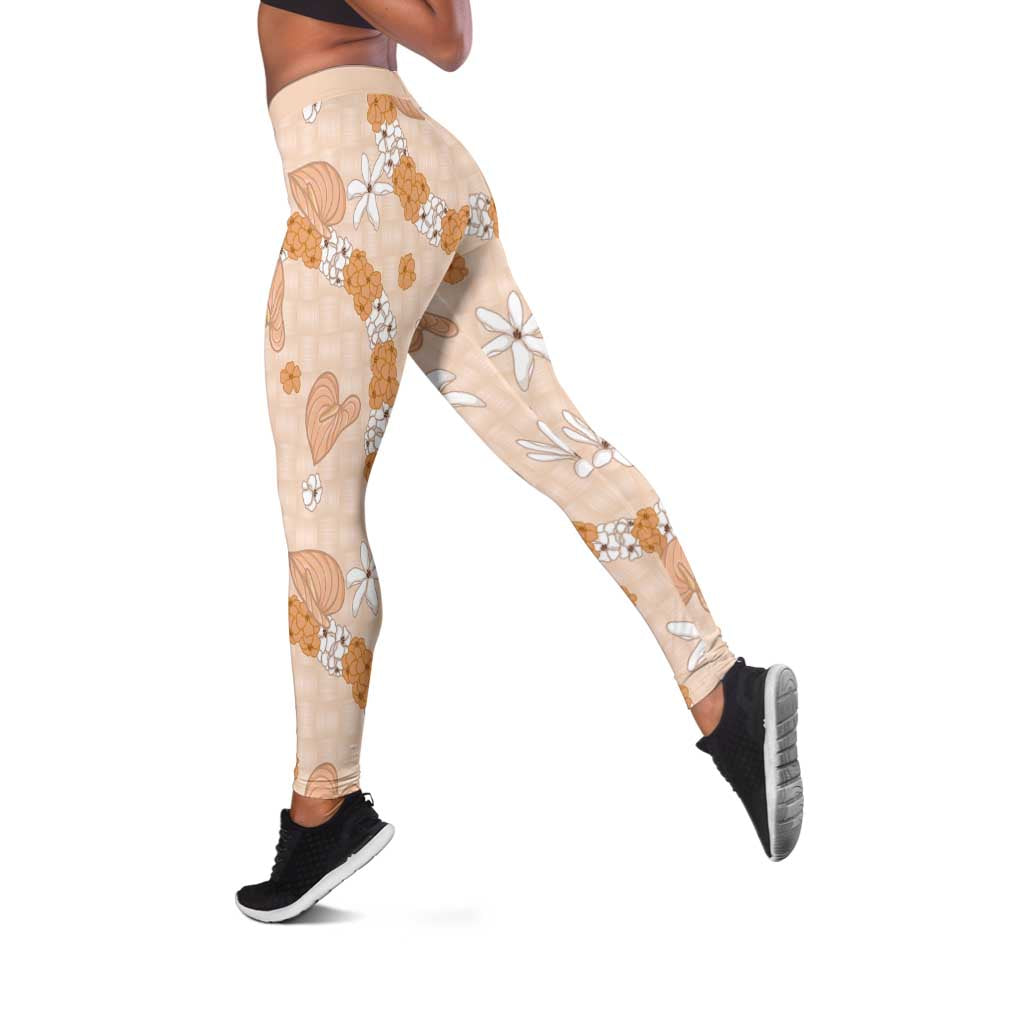 Hawaii Anthurium Tiare Pikake Lei Leggings Alani Lauhala Art Pattern LT01 Orange - Polynesian Pride