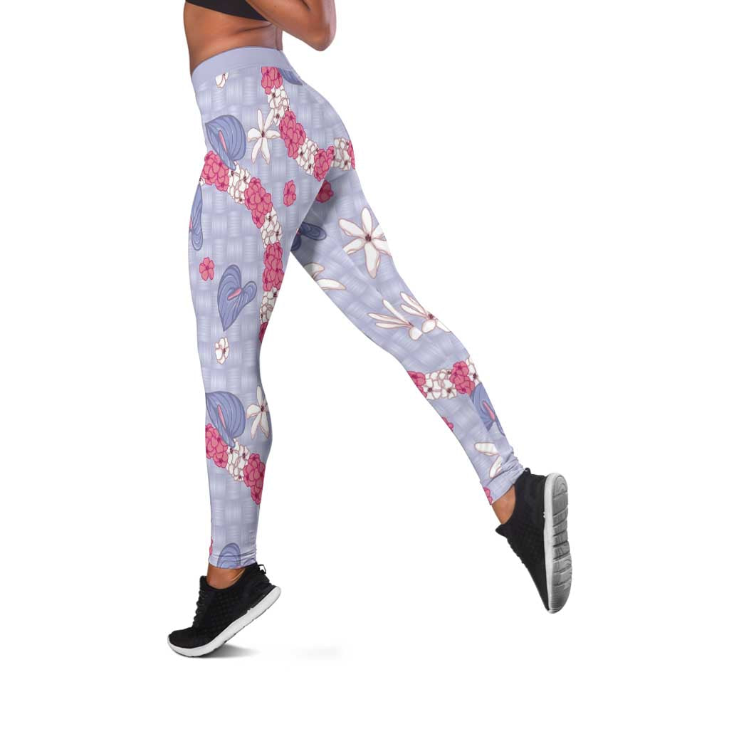 Hawaii Anthurium Tiare Pikake Lei Leggings Poni Lauhala Art Pattern LT01 Purple - Polynesian Pride