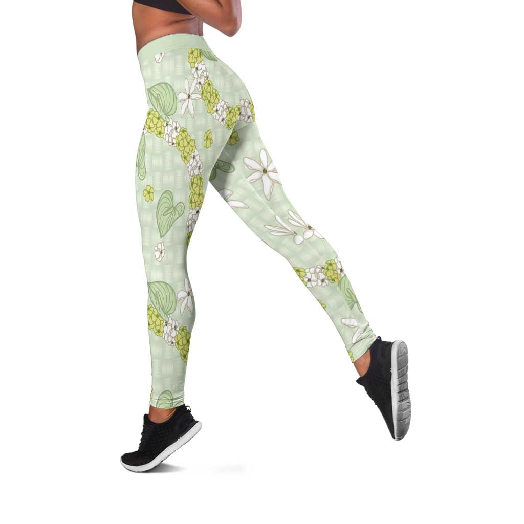 Hawaii Anthurium Tiare Pikake Lei Leggings Sage Green Lauhala Art Pattern