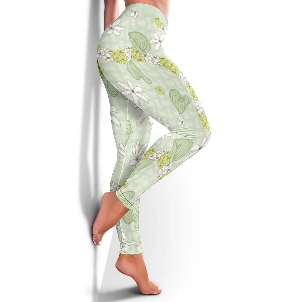 Hawaii Anthurium Tiare Pikake Lei Leggings Sage Green Lauhala Art Pattern