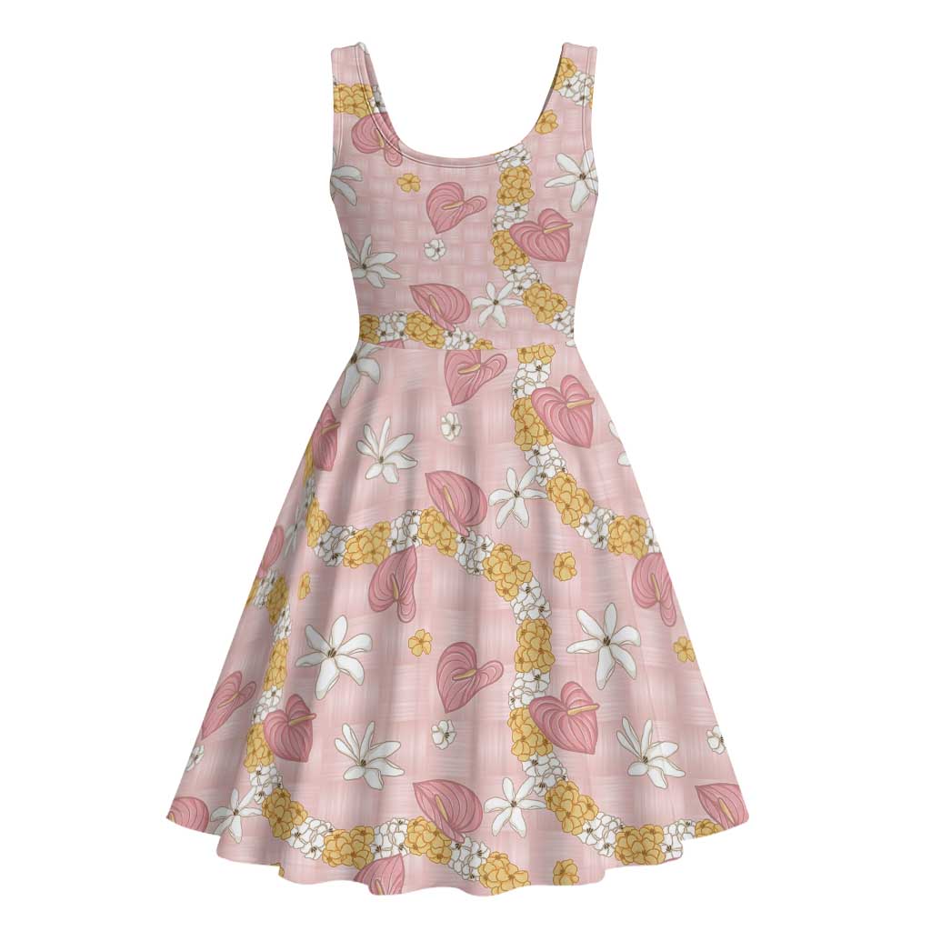 Hawaii Anthurium Tiare Pikake Lei Midi Dress Akala Lauhala Art Pattern