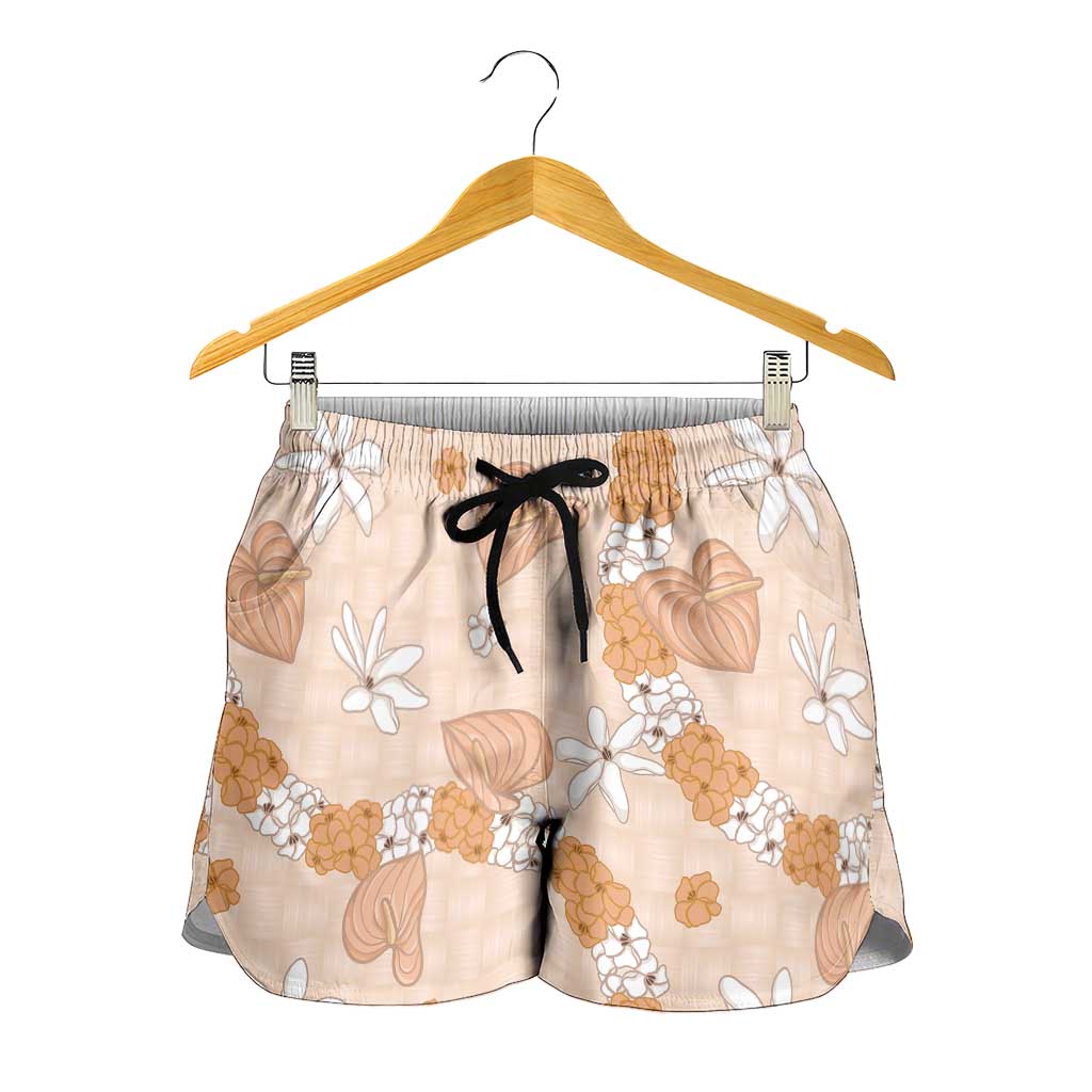 Hawaii Anthurium Tiare Pikake Lei Shorts for Women Alani Lauhala Art Pattern