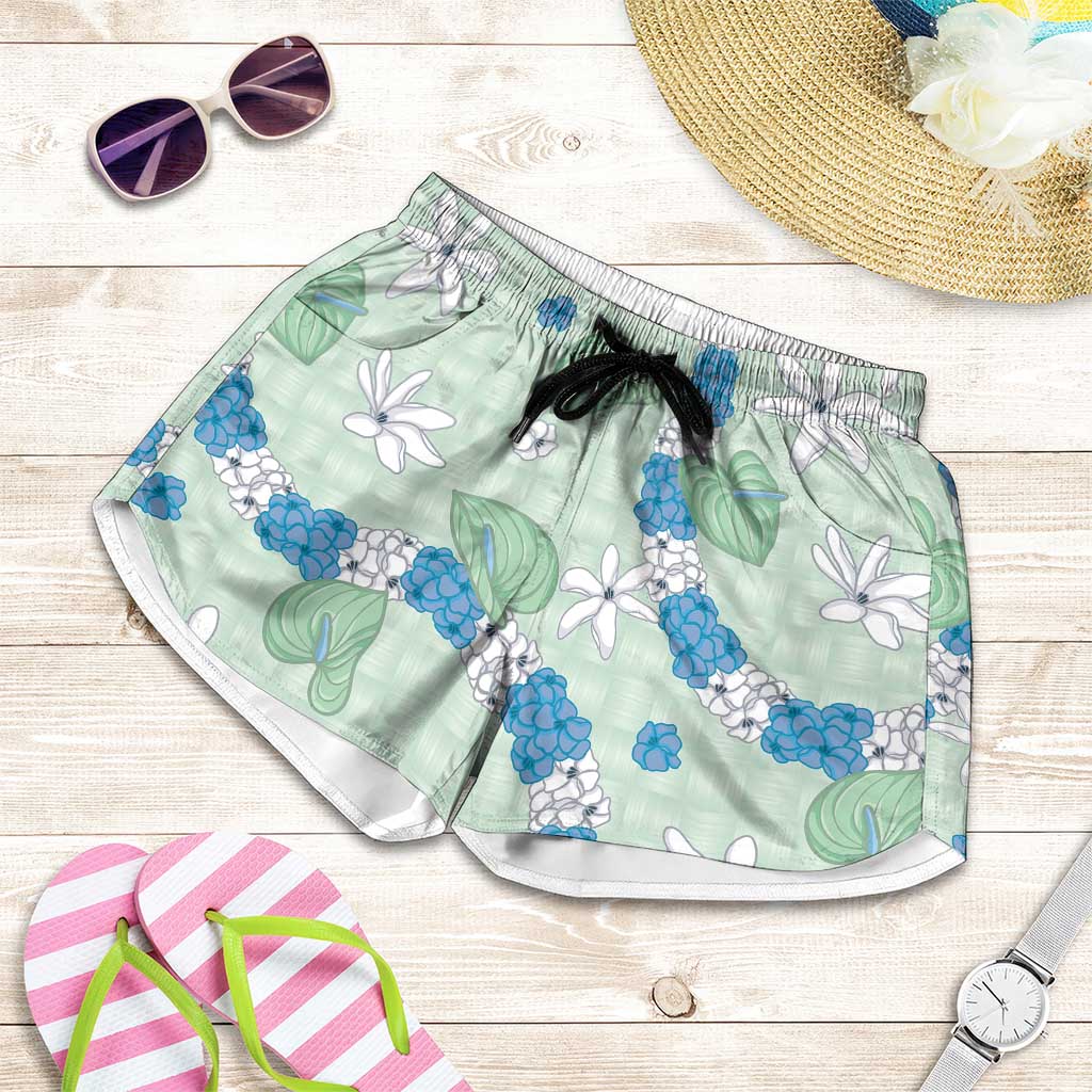 Hawaii Anthurium Tiare Pikake Lei Shorts for Women Omaomao Lauhala Art Pattern