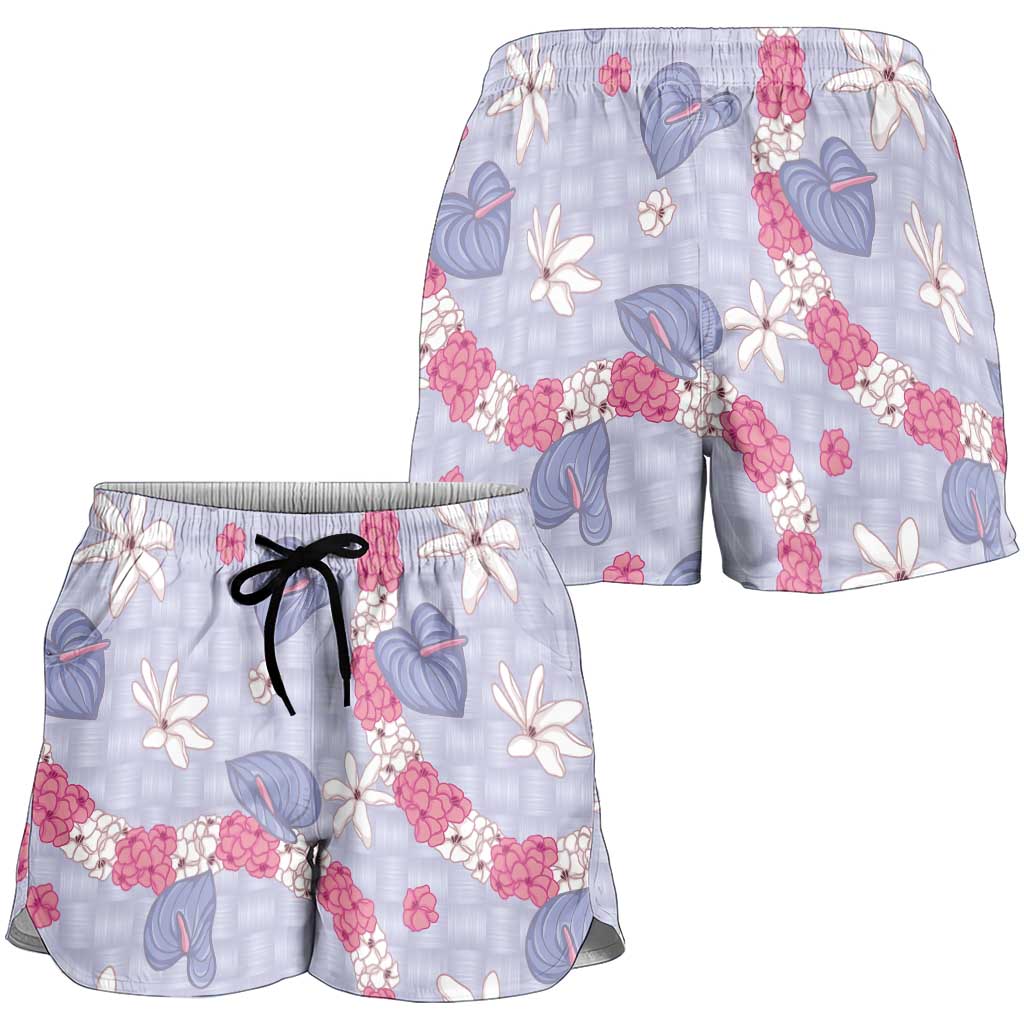 Hawaii Anthurium Tiare Pikake Lei Shorts for Women Poni Lauhala Art Pattern
