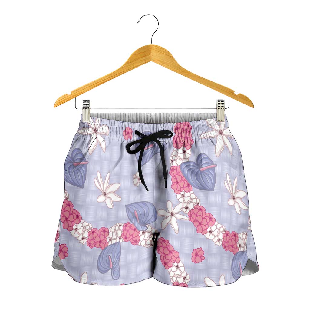 Hawaii Anthurium Tiare Pikake Lei Shorts for Women Poni Lauhala Art Pattern